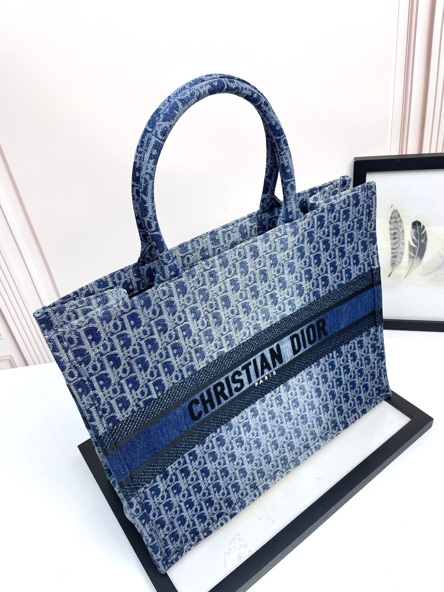 Dior Blue Monogram Embroidered Canvas Tote Bag Structured Top Handle Handbag