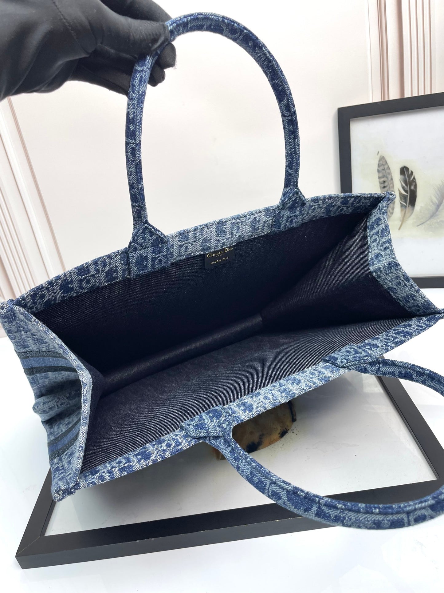 Dior Blue Monogram Embroidered Canvas Tote Bag Structured Top Handle Handbag