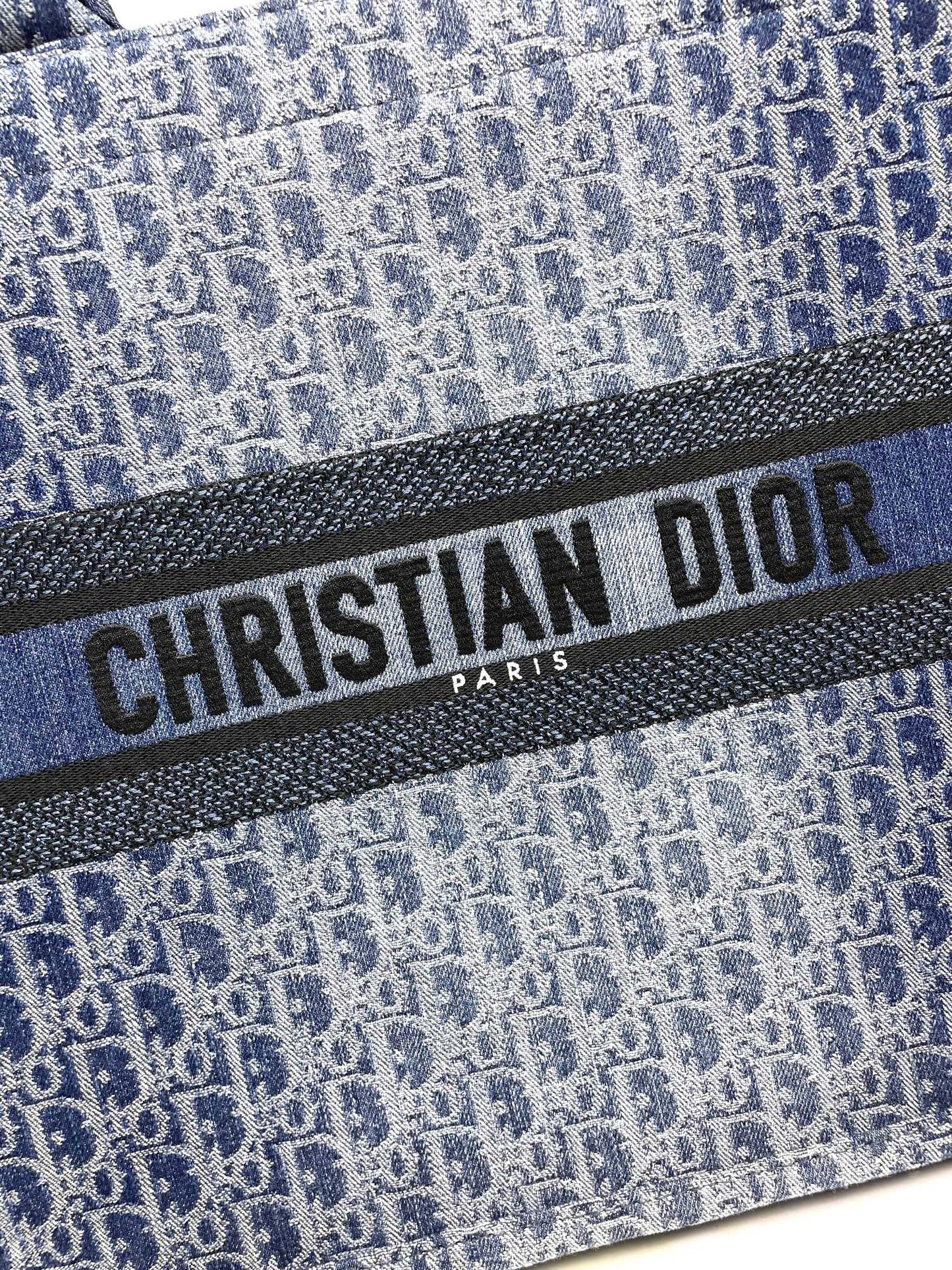 Dior Blue Monogram Embroidered Canvas Tote Bag Structured Top Handle Handbag