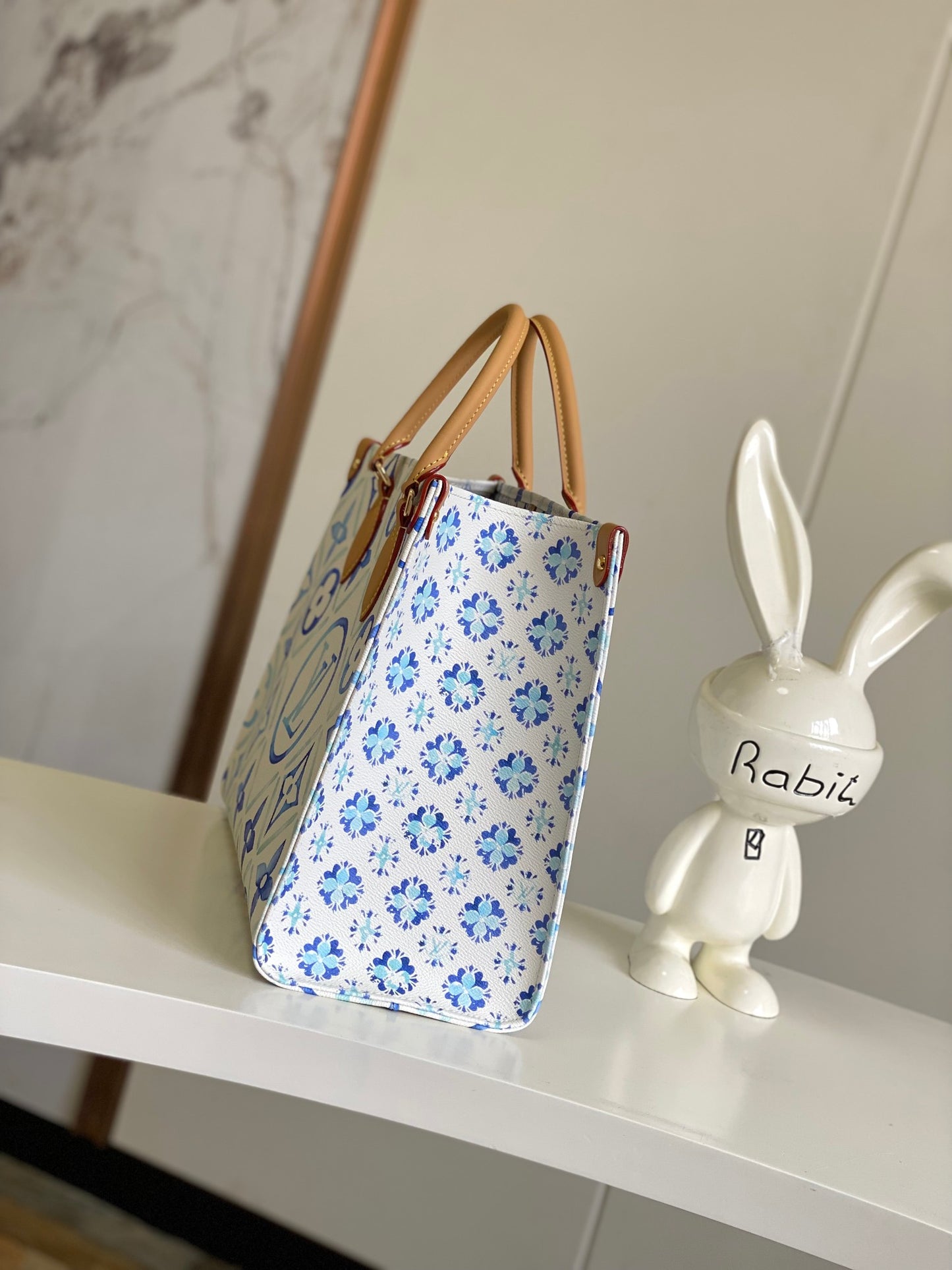 Louis Vuitton Blue Floral Monogram Pattern Large Tote Bag with Leather Handles