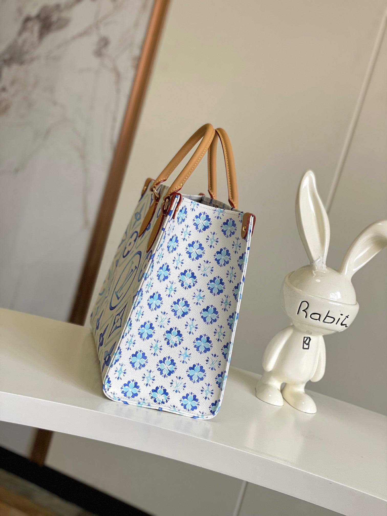 Louis Vuitton Blue Floral Monogram Pattern Large Tote Bag with Leather Handles