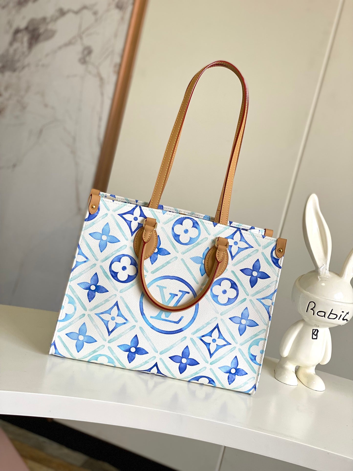 Louis Vuitton Blue Floral Monogram Pattern Large Tote Bag with Leather Handles