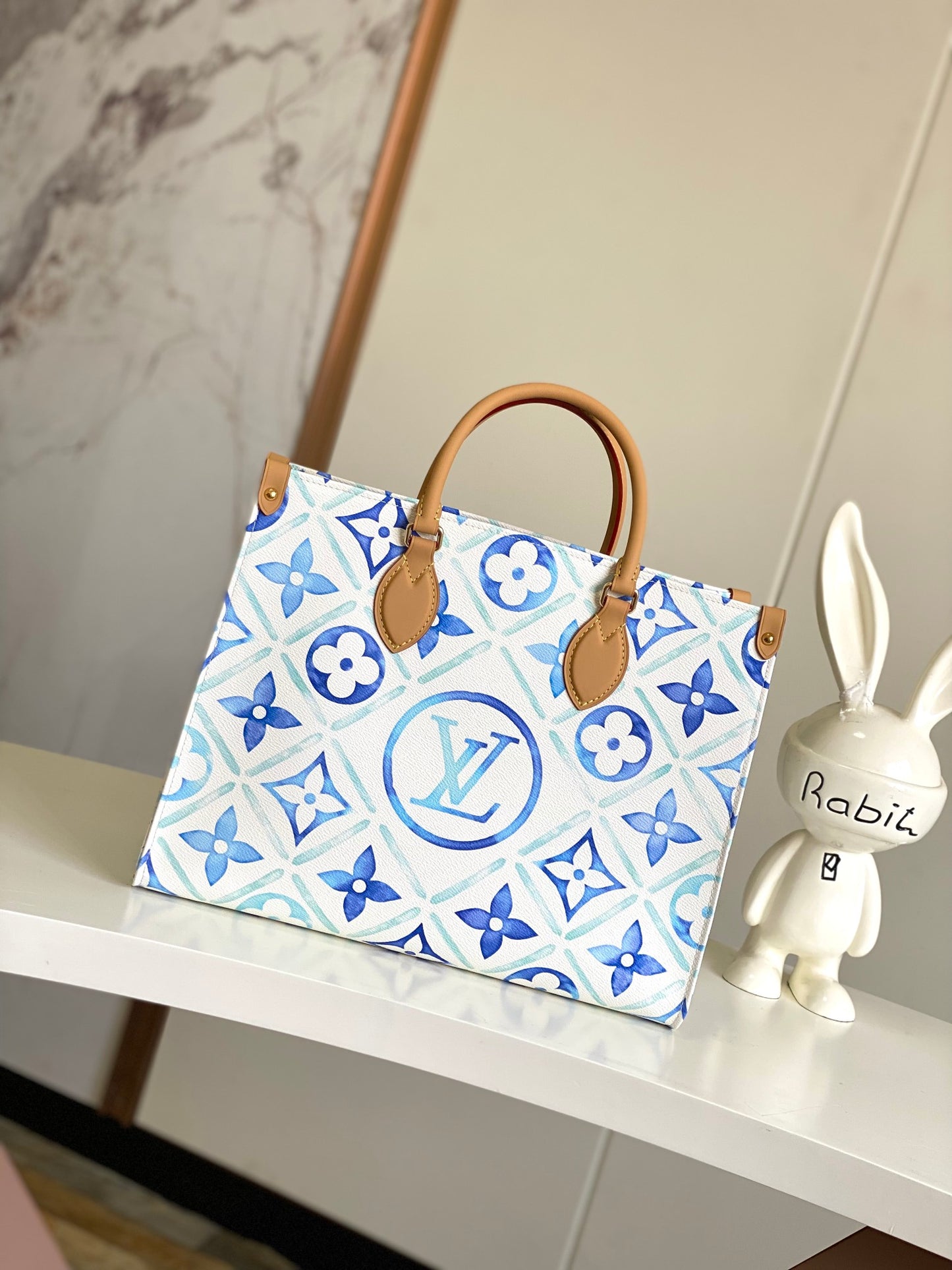Louis Vuitton Blue Floral Monogram Pattern Large Tote Bag with Leather Handles