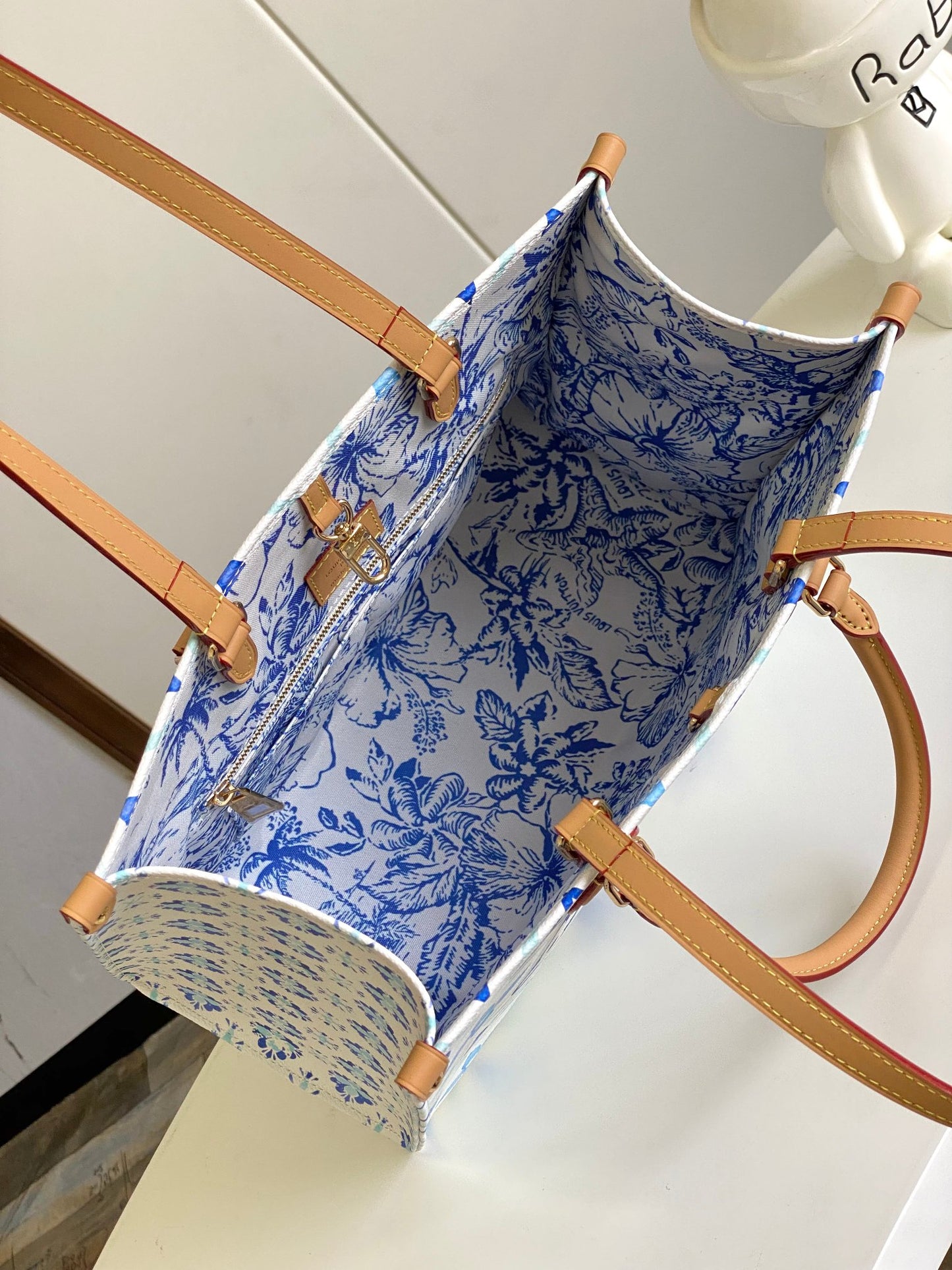 Louis Vuitton Blue Floral Monogram Pattern Large Tote Bag with Leather Handles