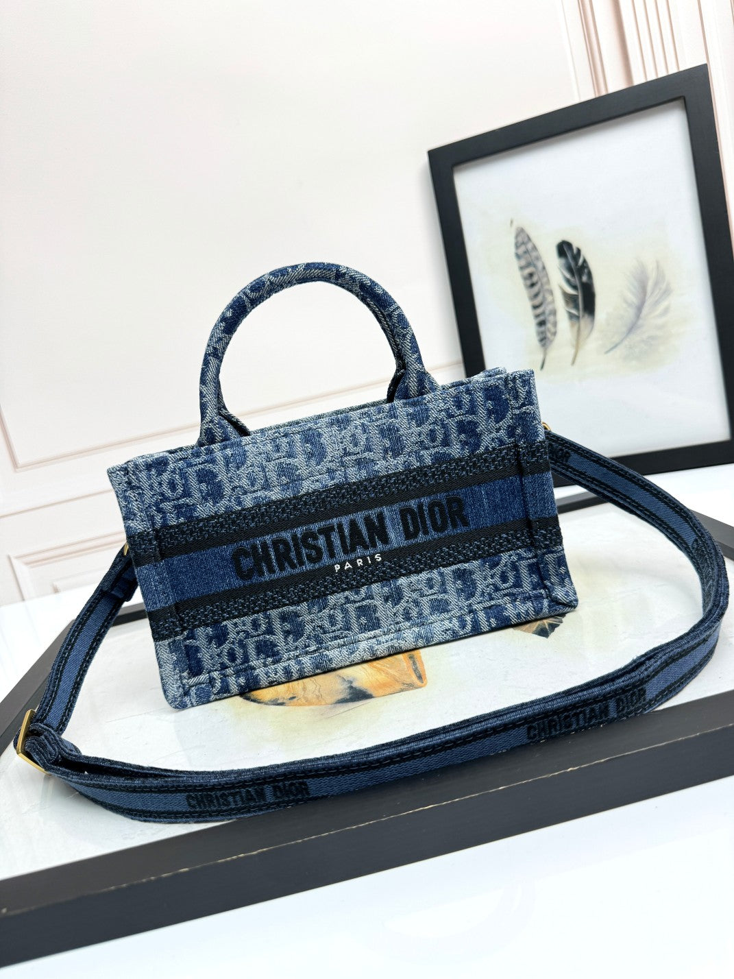 Christian Dior Mini Book Tote Blue Oblique Denim Handbag with Strap