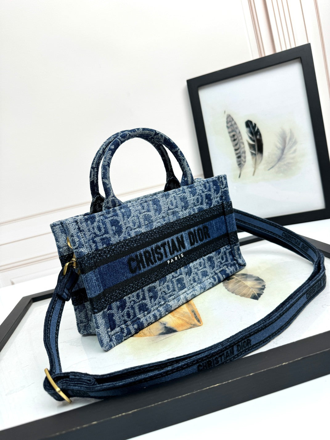 Dior Casual Blue Denim Monogram Tote Bag with Crossbody Strap