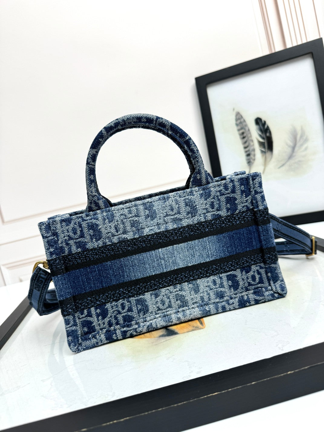 Dior Blue Denim Monogram Canvas Top Handle Crossbody Mini Tote Bag