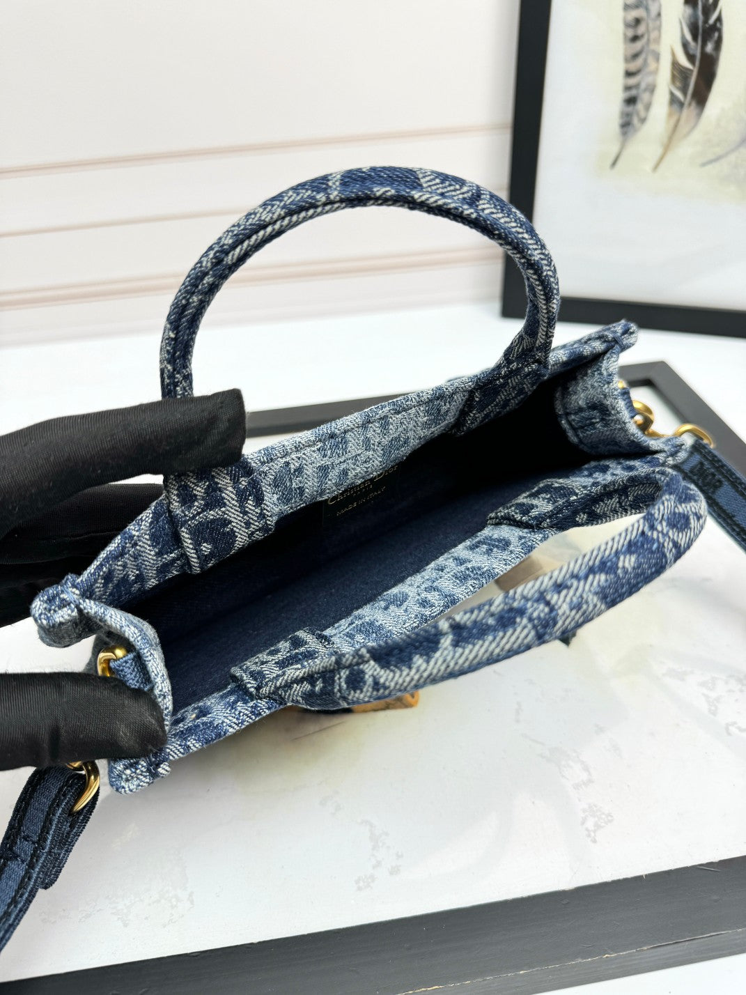 Dior Blue Denim Monogram Canvas Top Handle Crossbody Mini Tote Bag