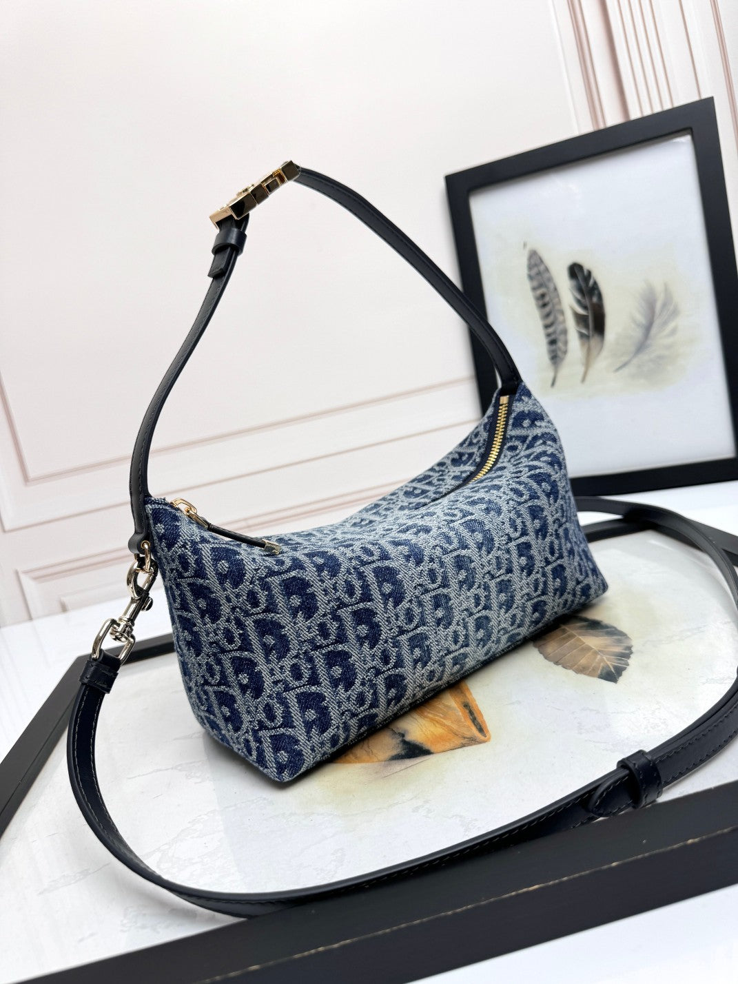 Dior Vintage Style Blue Monogram Canvas Shoulder Bag with Crossbody Strap