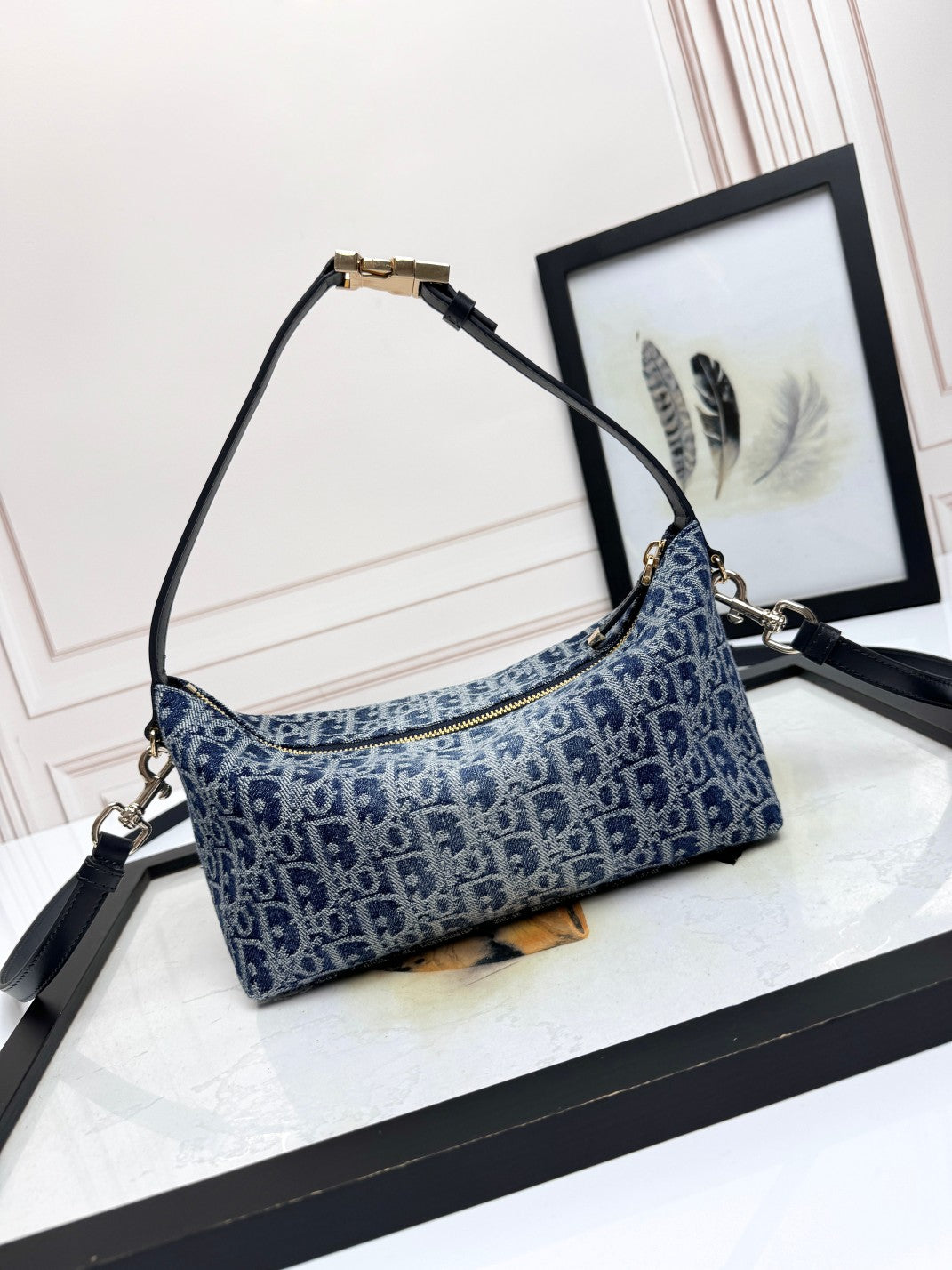 Dior Vintage Style Blue Monogram Canvas Shoulder Bag with Crossbody Strap