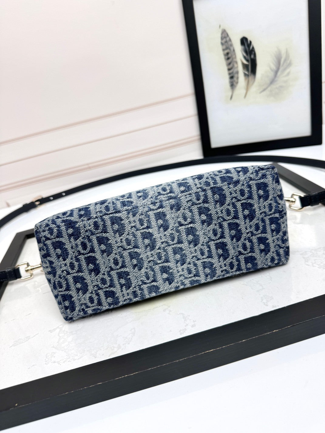 Vintage-Inspired Blue Monogram Jacquard Small Shoulder Bag with Crossbody Strap