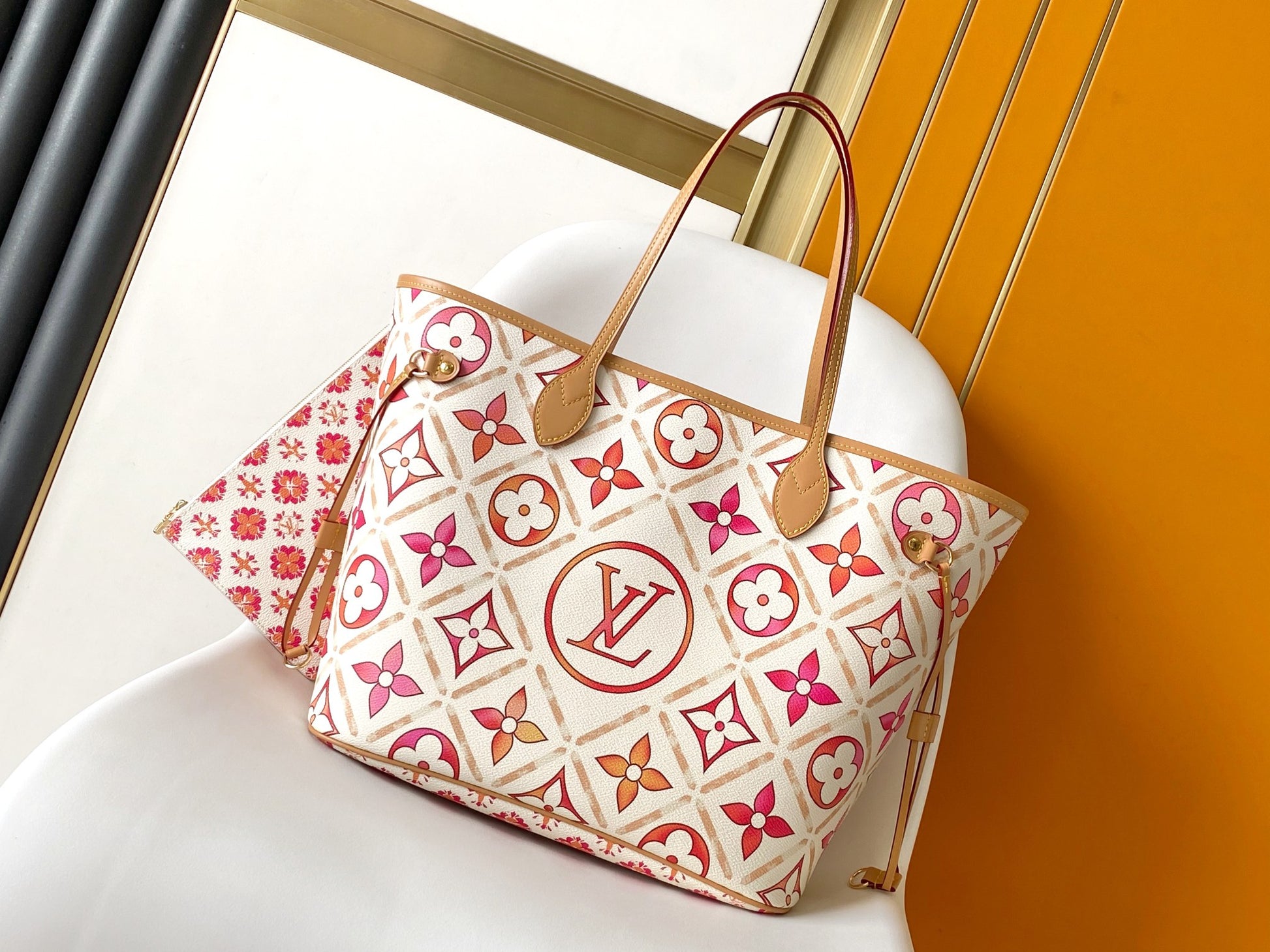 Louis Vuitton Chic Pink and Orange Monogram Canvas Shoulder Tote Handbag