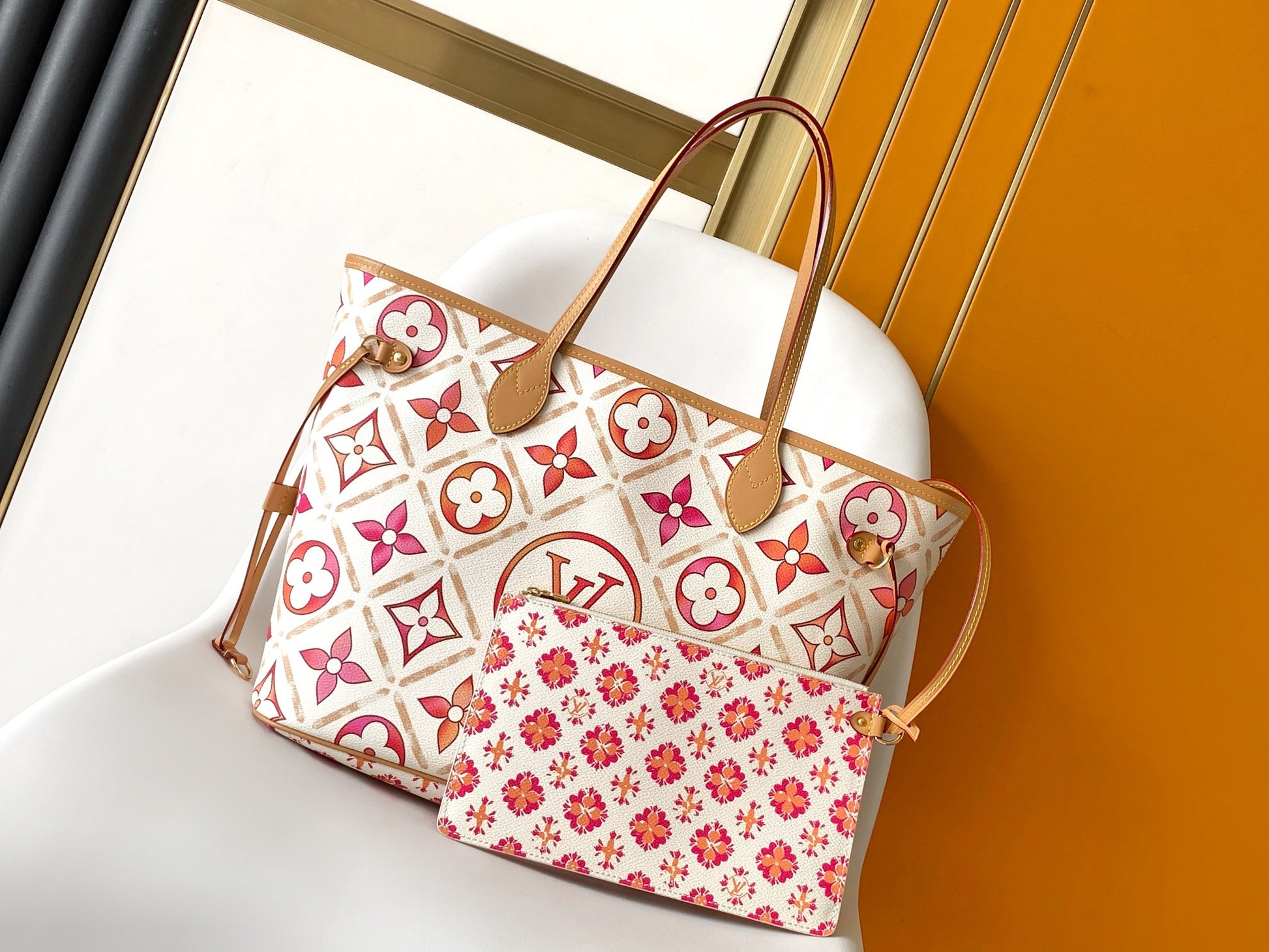 Louis Vuitton Chic Pink and Orange Monogram Canvas Shoulder Tote Handbag