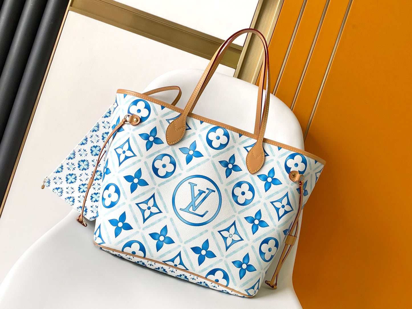 Louis Vuitton Blue and White Tile Pattern Canvas Tote Bag with Leather Straps