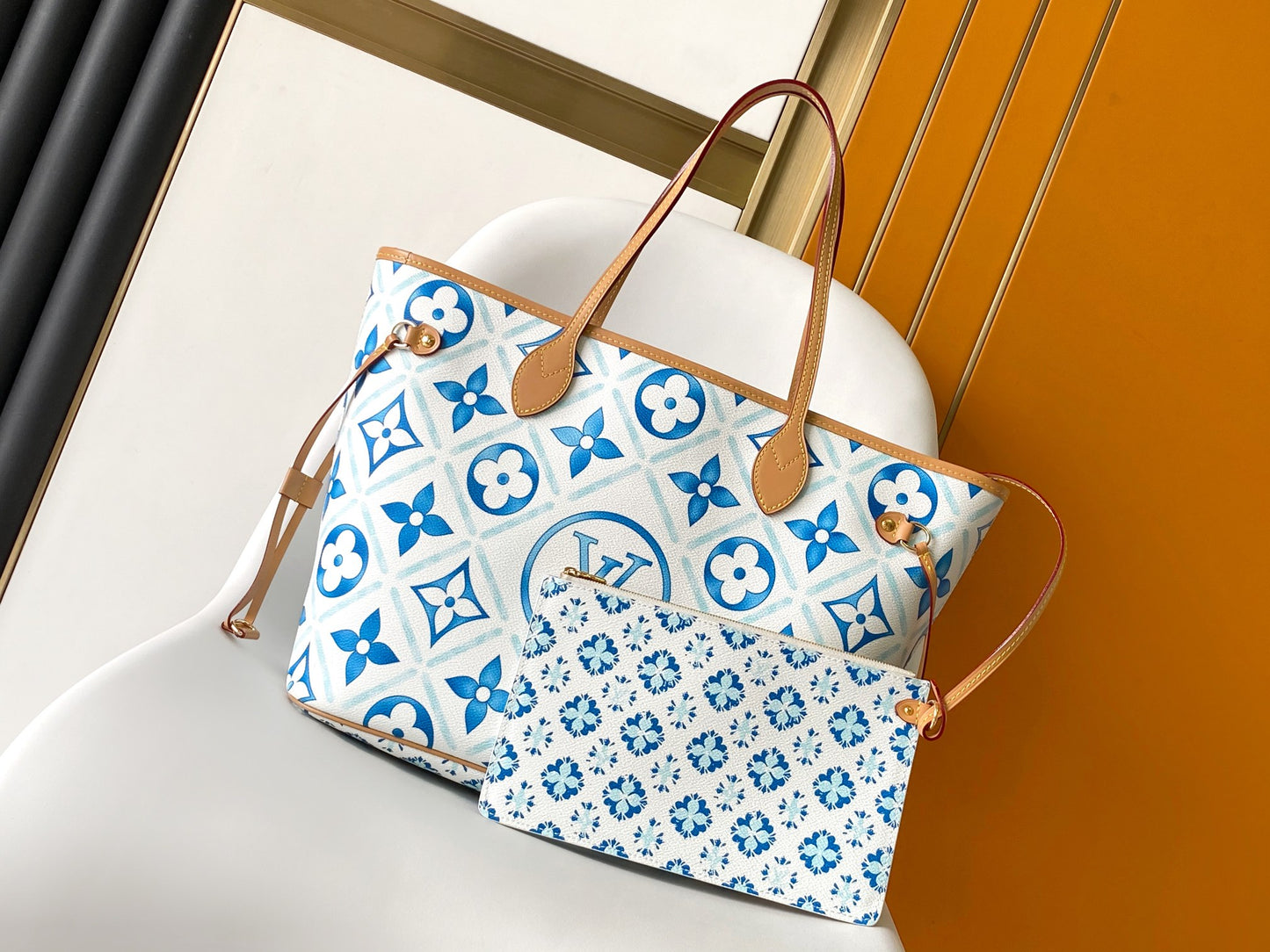 Louis Vuitton Blue and White Tile Pattern Canvas Tote Bag with Leather Straps