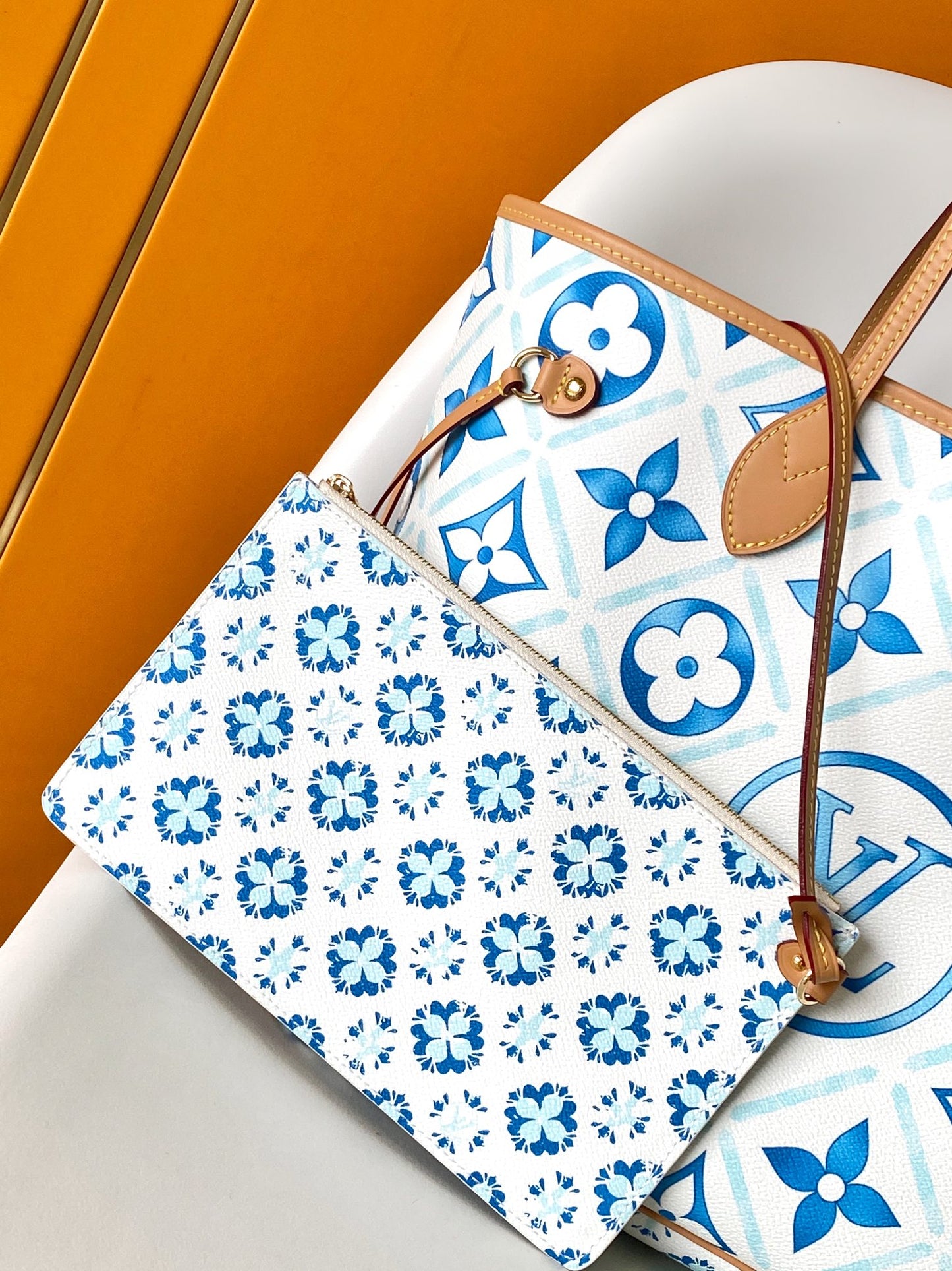 Louis Vuitton Blue and White Tile Pattern Canvas Tote Bag with Leather Straps