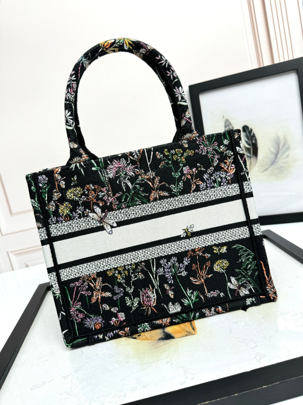 Dior Vintage Floral Embroidered Canvas Tote Handbag with Top Handles