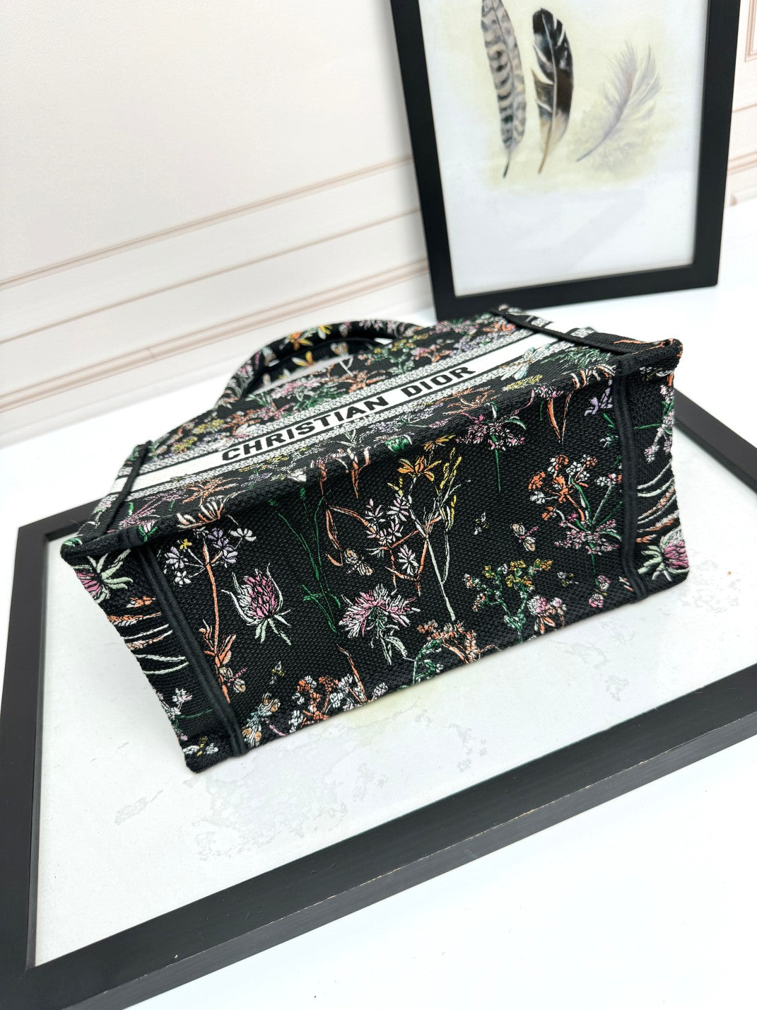 Dior Vintage Floral Embroidered Canvas Tote Handbag with Top Handles