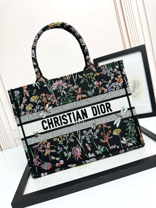 Dior Luxury Black Floral and Dragonfly Embroidered Canvas Tote Bag