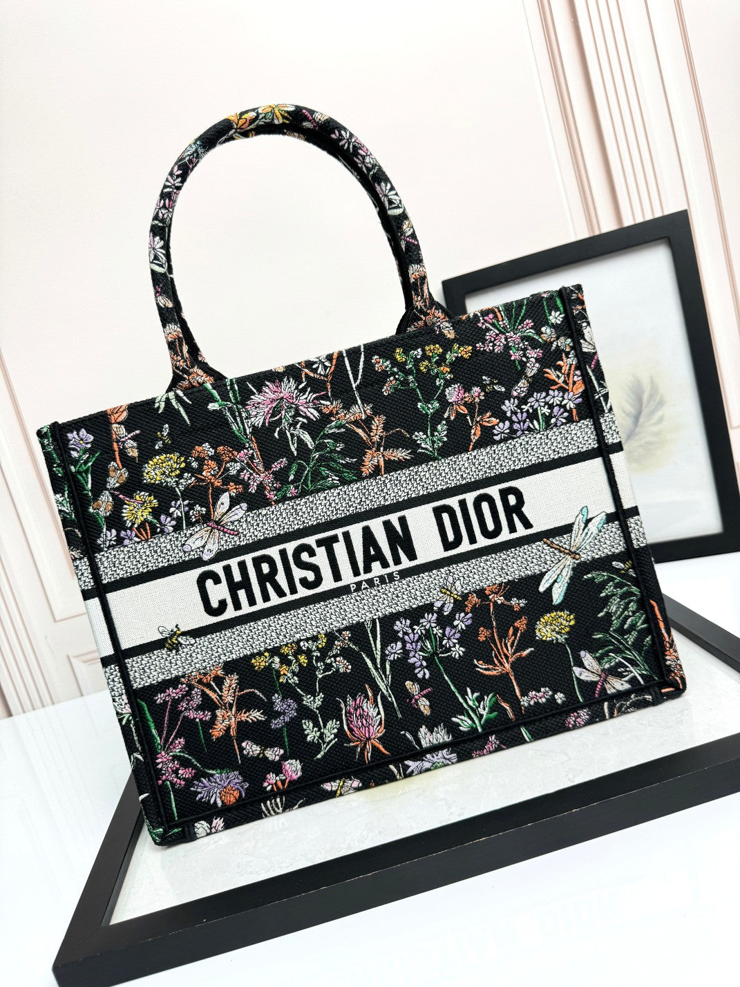 Dior Black Floral Dragonfly Embroidered Canvas Tote Handbag