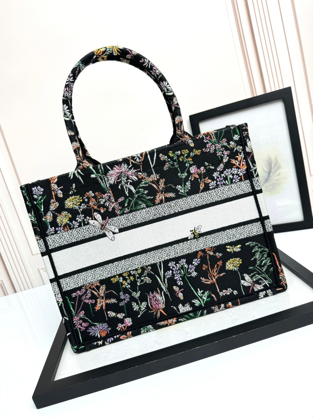 Dior Luxury Black Floral and Dragonfly Embroidered Canvas Tote Bag