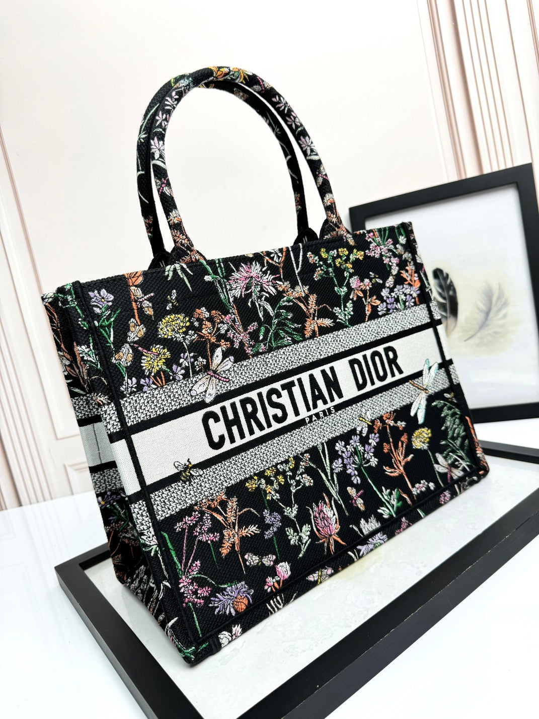 Dior Luxury Black Floral and Dragonfly Embroidered Canvas Tote Bag