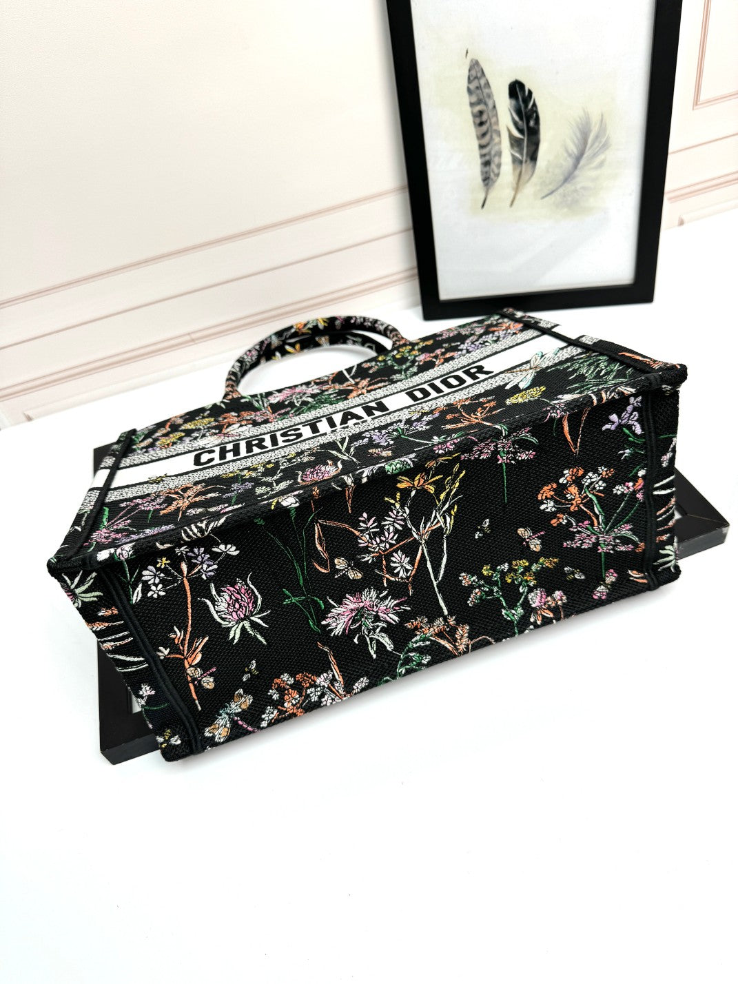 Dior Luxury Black Floral and Dragonfly Embroidered Canvas Tote Bag