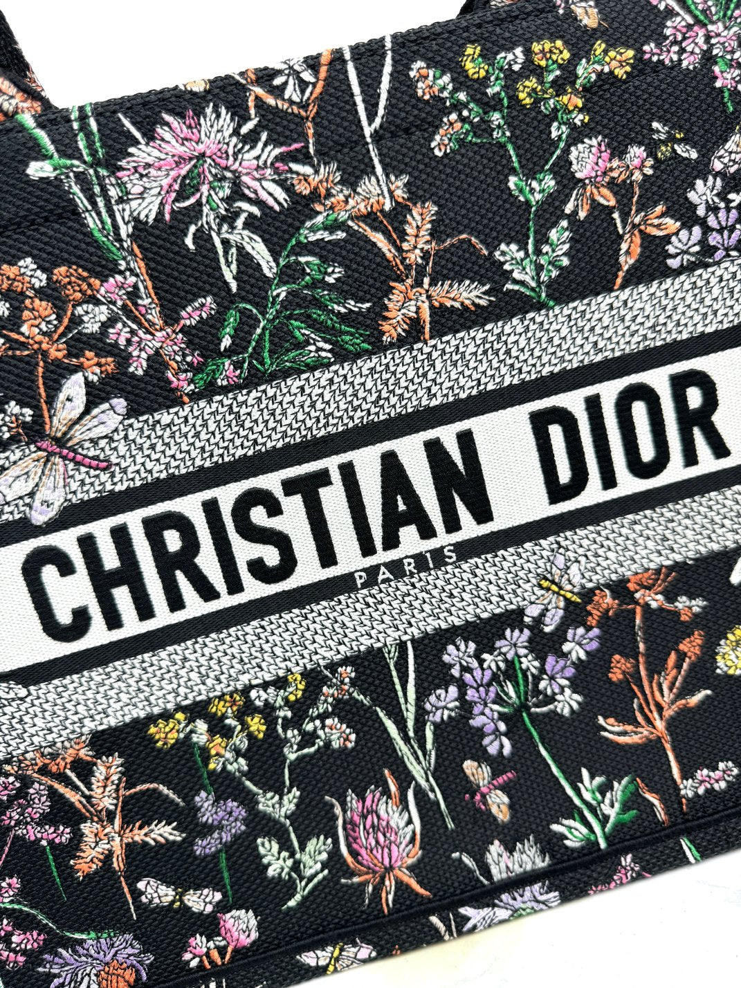Dior Luxury Black Floral and Dragonfly Embroidered Canvas Tote Bag