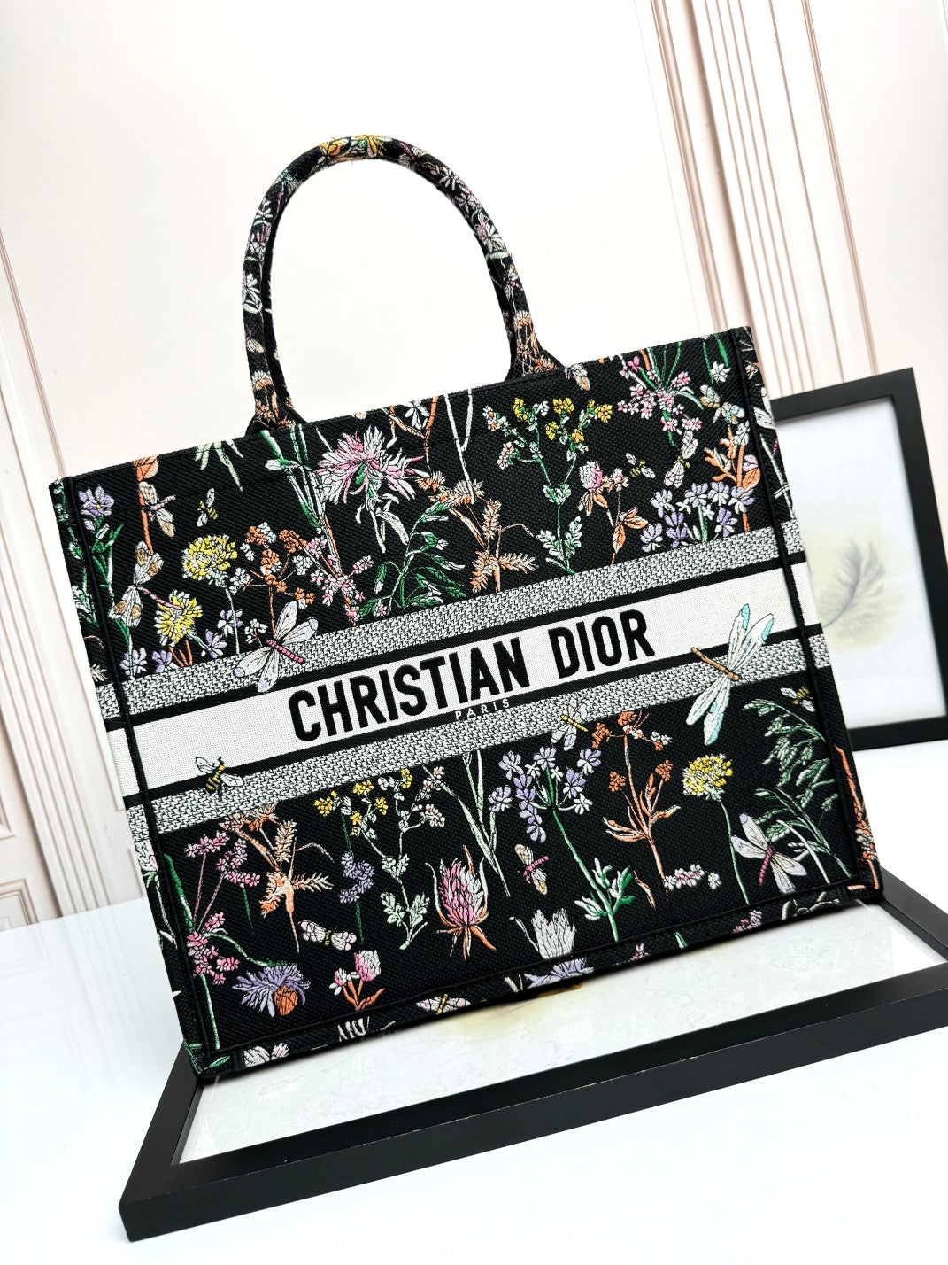 Dior Black Embroidered Wildflower and Dragonfly Canvas Tote Bag