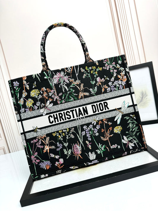 Dior Black Floral Embroidered Canvas Tote Bag Large Top Handle Handbag