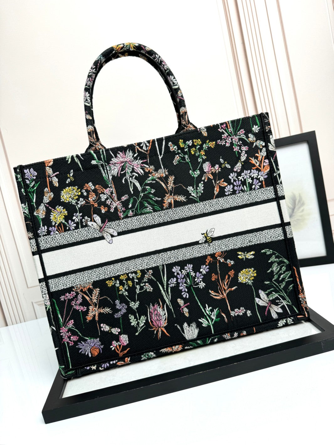 Dior Black Floral Embroidered Canvas Tote Bag Large Top Handle Handbag