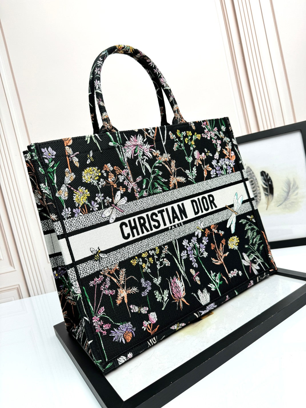 Dior Black Embroidered Wildflower and Dragonfly Canvas Tote Bag