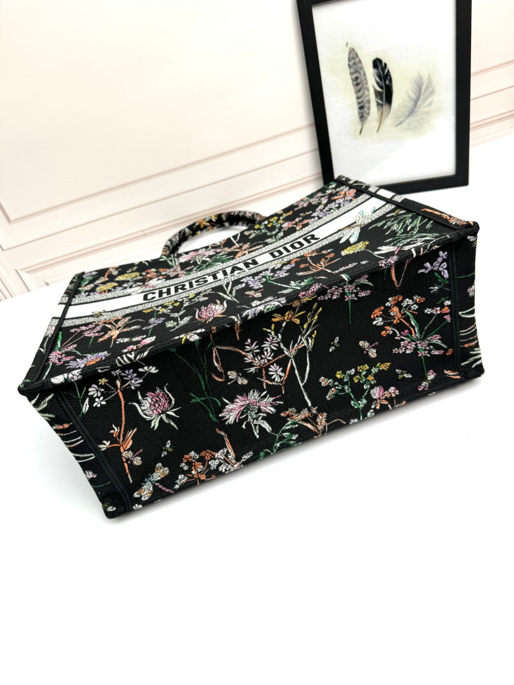Dior Black Floral Embroidered Canvas Tote Bag Large Top Handle Handbag