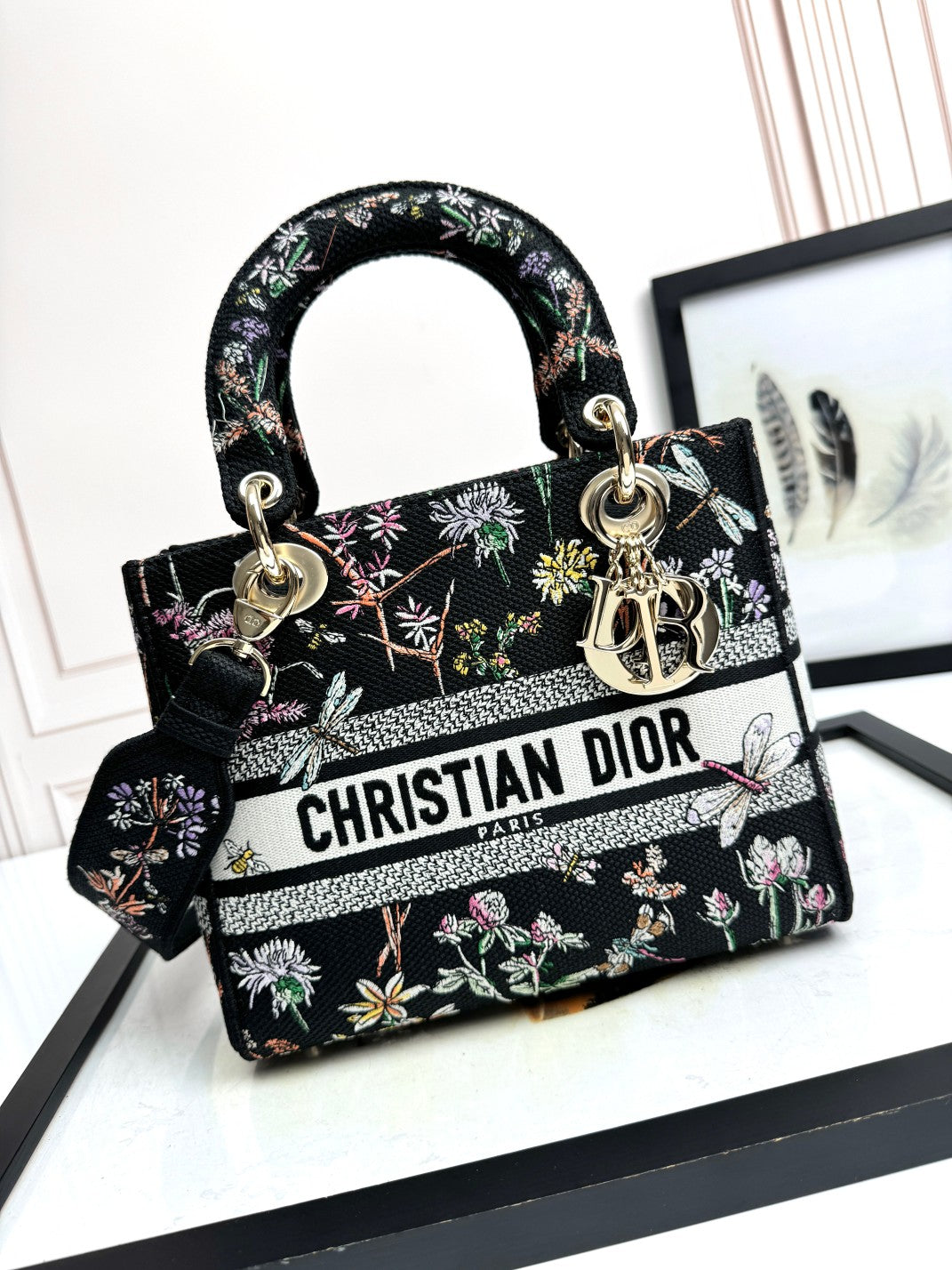 Dior Black Embroidered Floral Top Handle Bag with Shoulder Strap