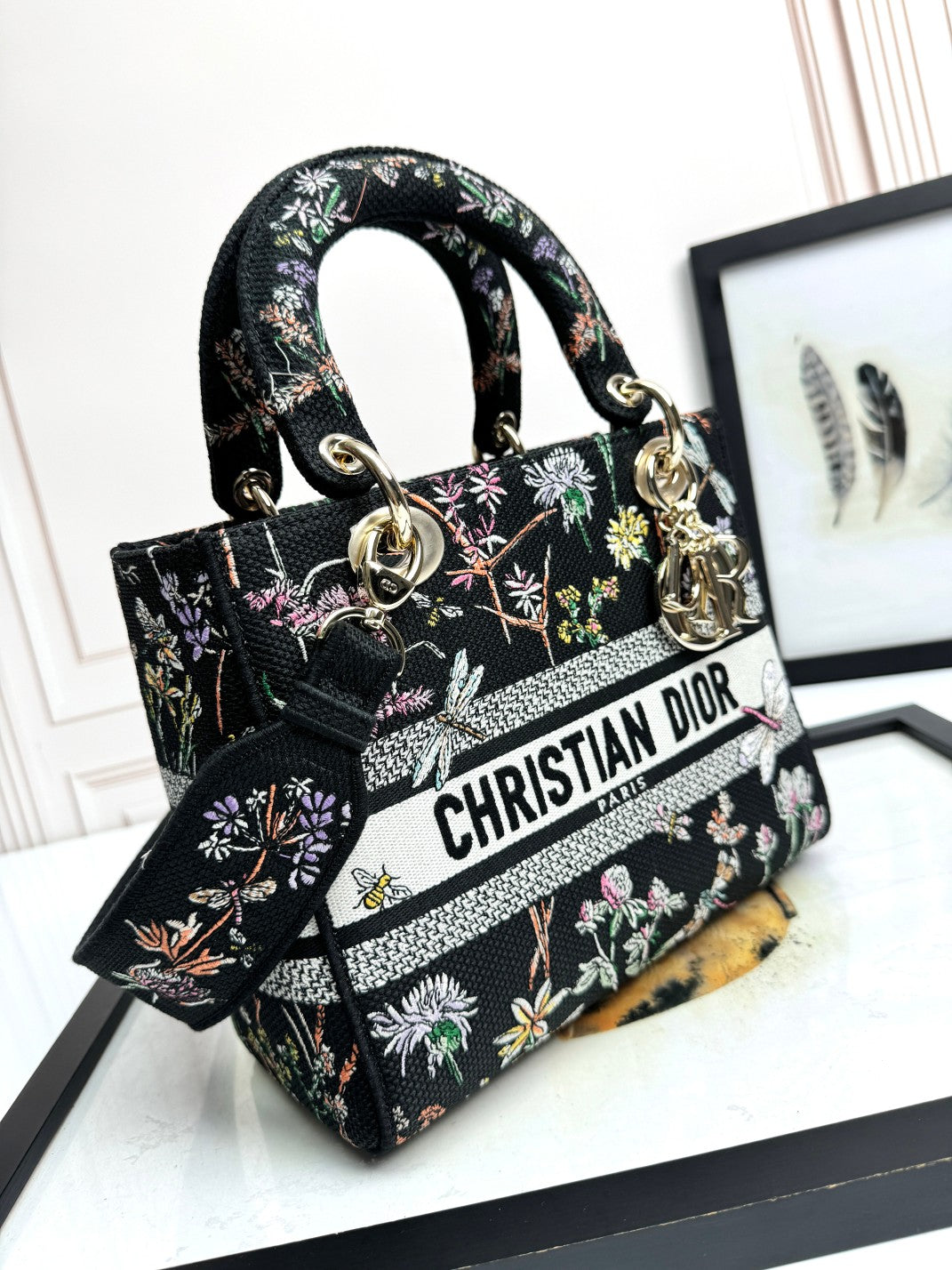 Dior Black Embroidered Floral Top Handle Bag with Shoulder Strap