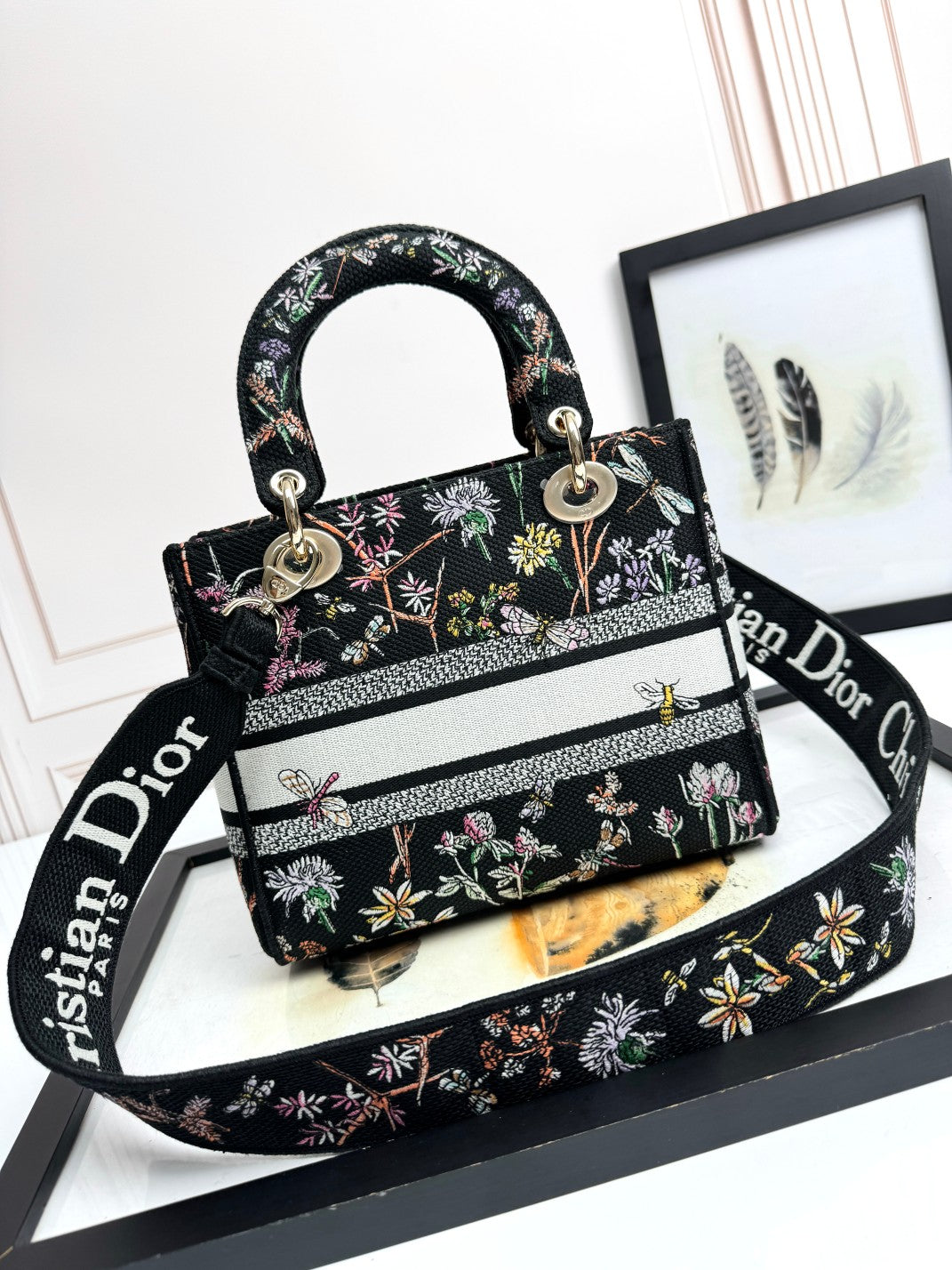 Dior Vintage Floral Dragonfly Embroidered Top Handle Canvas Handbag