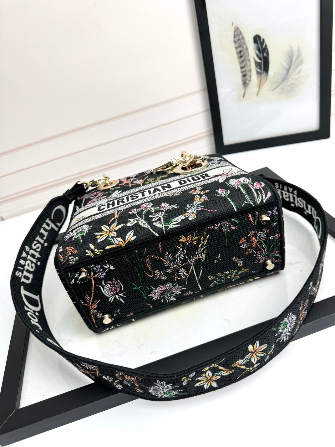 Dior Black Embroidered Floral Top Handle Bag with Shoulder Strap