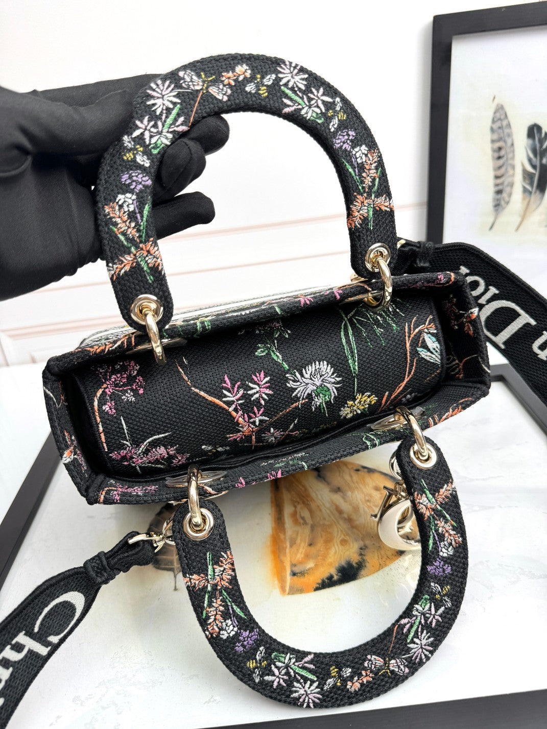 Christian Dior Lady D-Lite Bag - Black Floral Embroidery