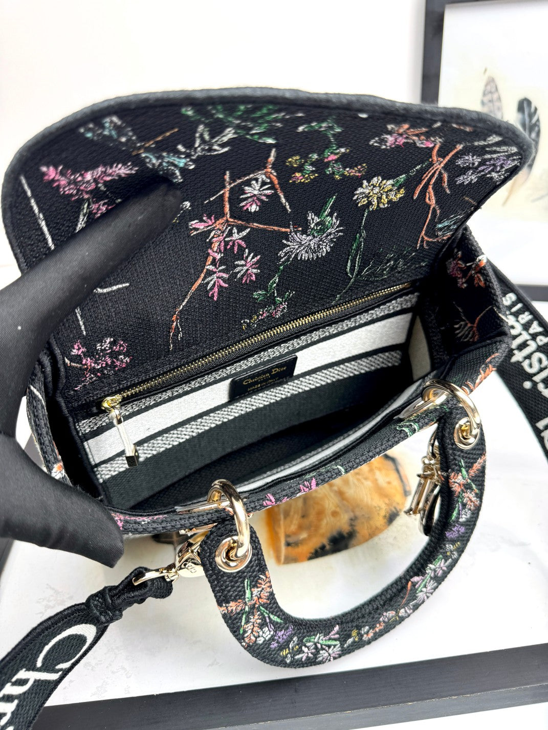 Dior Black Embroidered Floral Top Handle Bag with Shoulder Strap