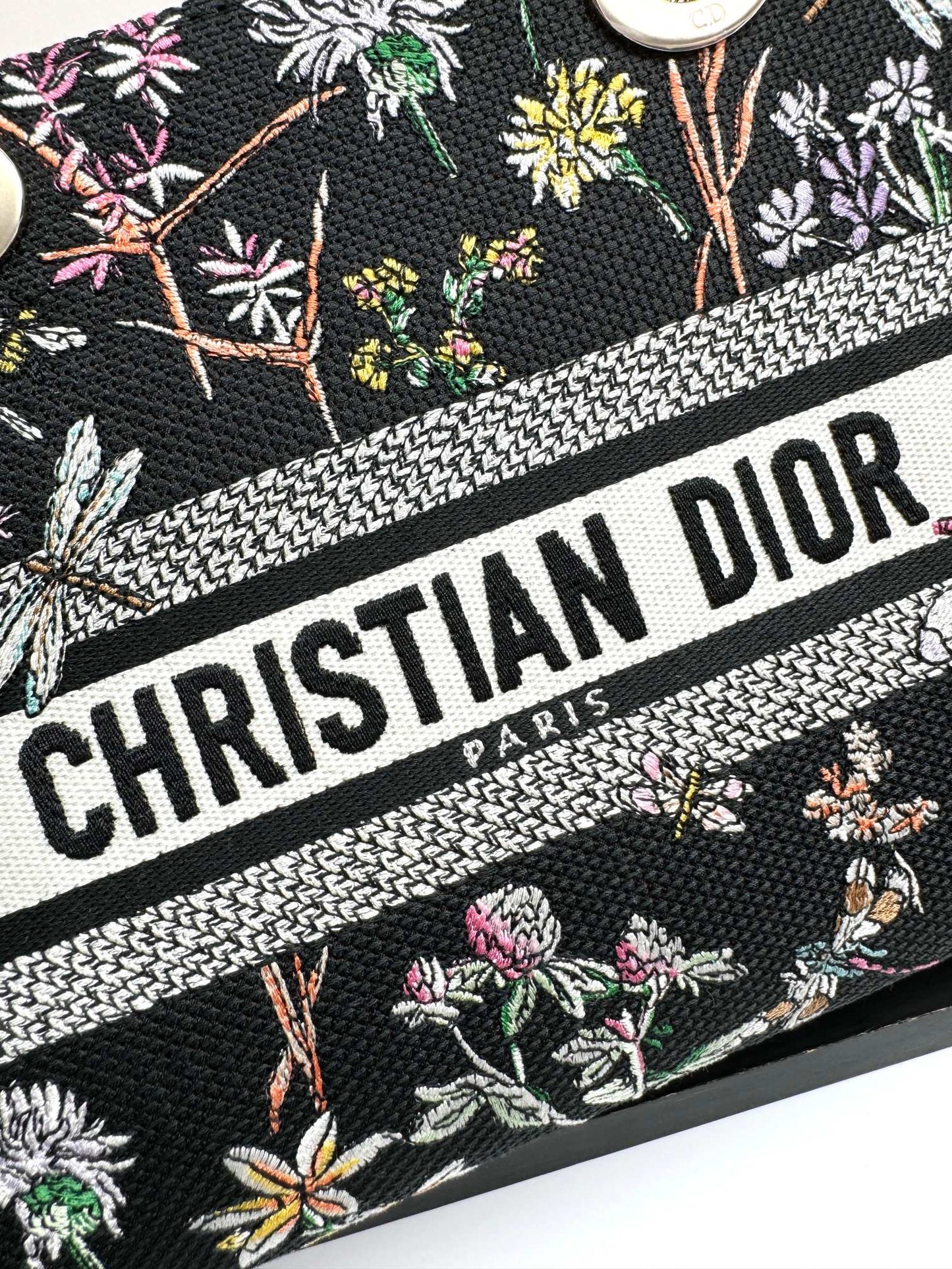 Dior Black Embroidered Floral Top Handle Bag with Shoulder Strap