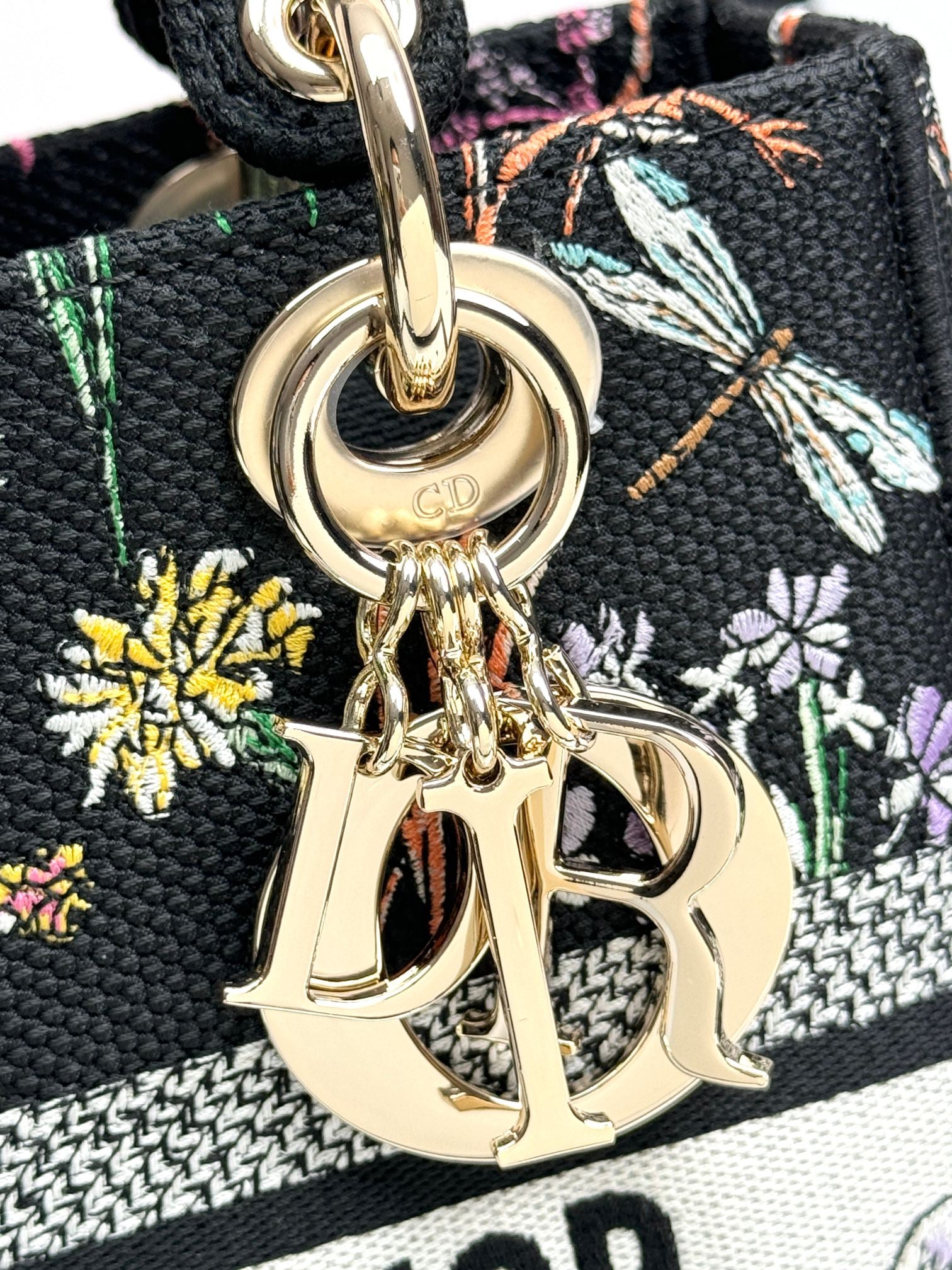 Christian Dior Lady D-Lite Bag with Floral and Dragonfly Embroidery - Black