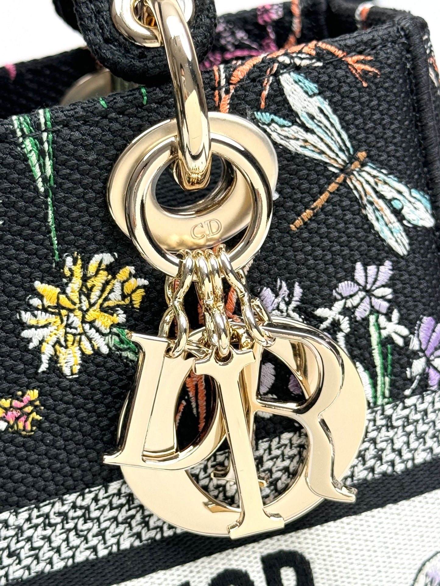 Dior Black Embroidered Floral Top Handle Bag with Shoulder Strap