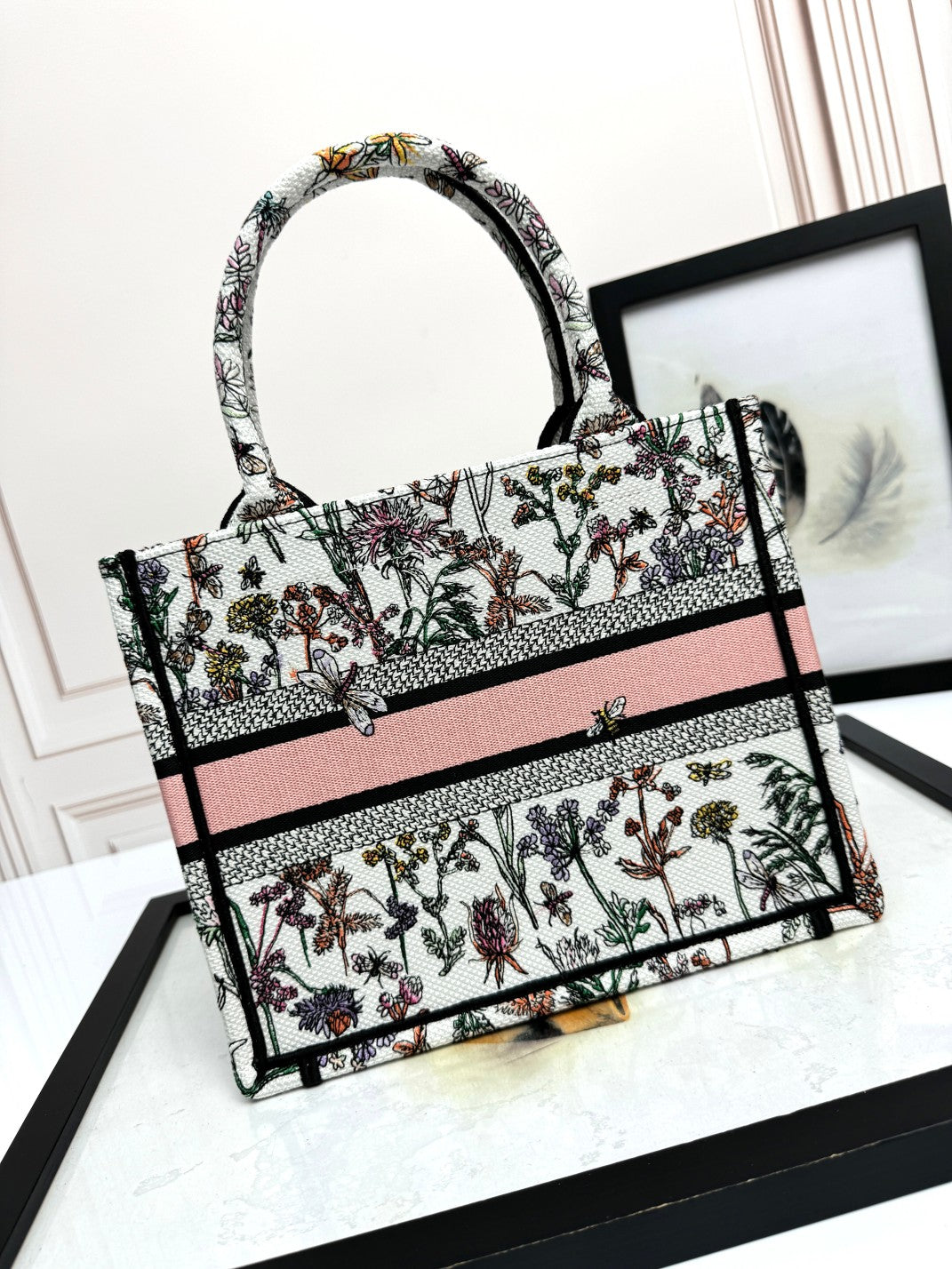 Dior Vintage Botanical Floral Canvas Tote Handbag with Top Handles