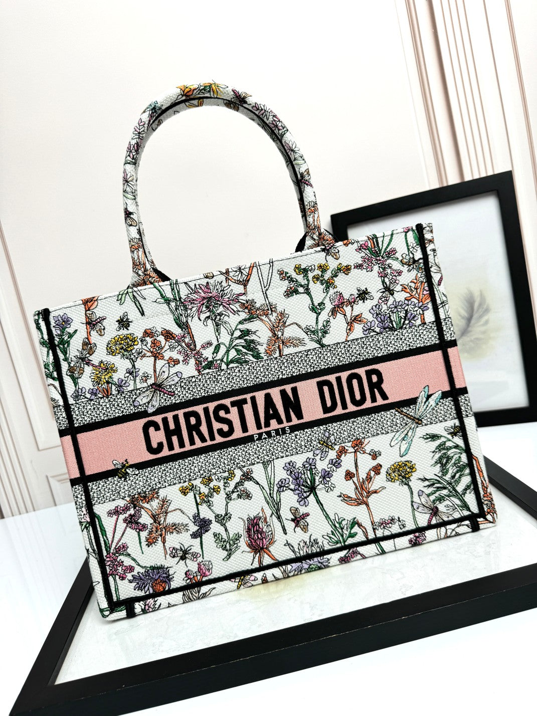 Dior Floral Embroidered Canvas Tote Bag Large Travel Handbag