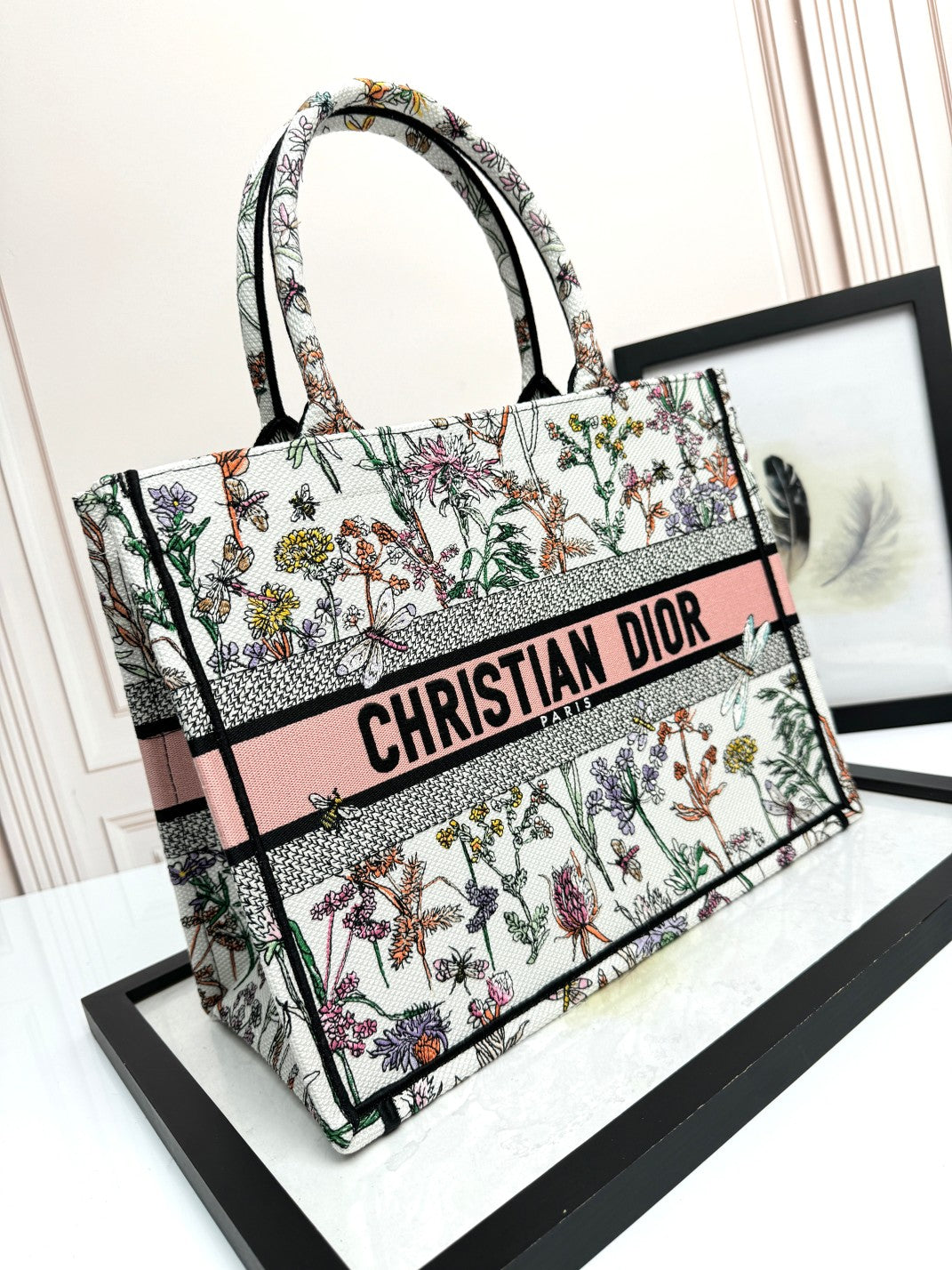 Christian Dior Book Tote Medium Floral Embroidery Canvas Bag