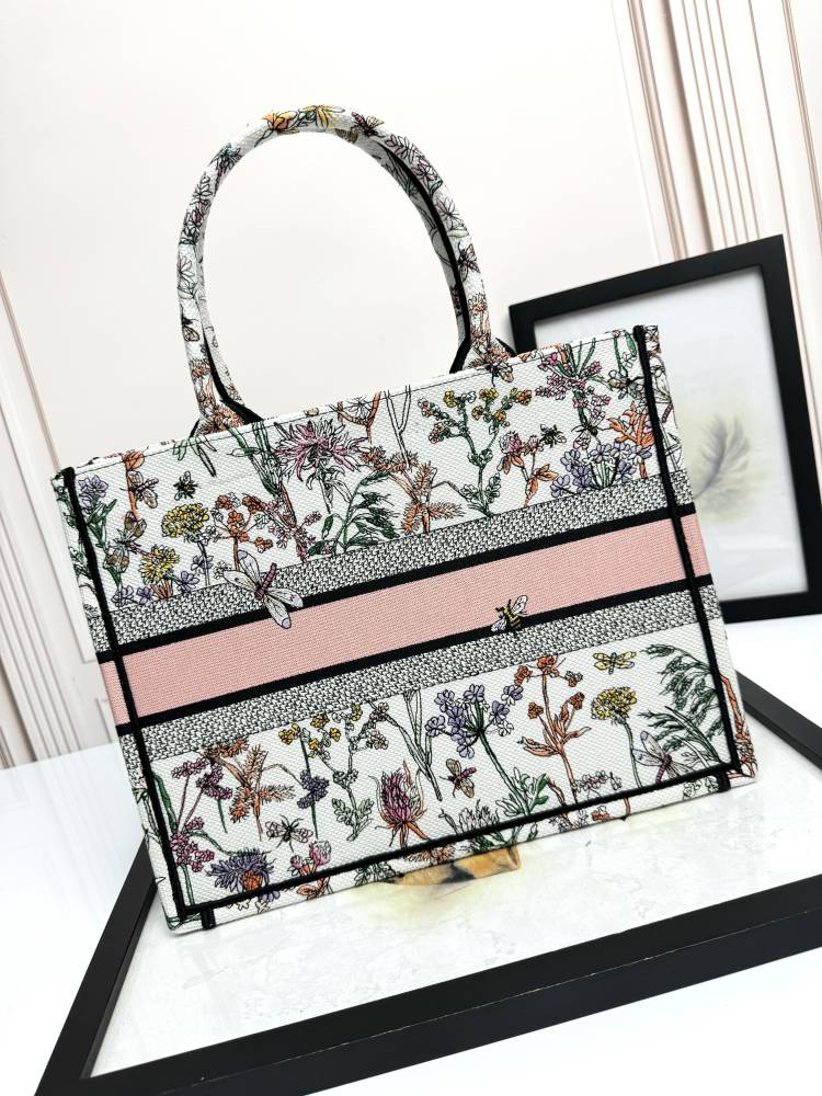 Dior Large Floral Embroidered Canvas Tote Bag with Pink Accent