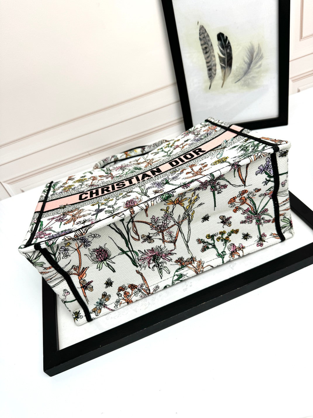 Dior Large Floral Embroidered Canvas Tote Bag with Pink Accent