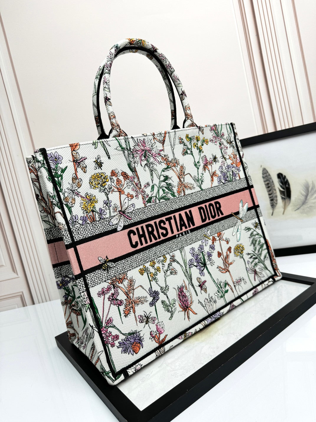 Dior Elegant Floral Print Canvas Book Tote Bag with Top Handles