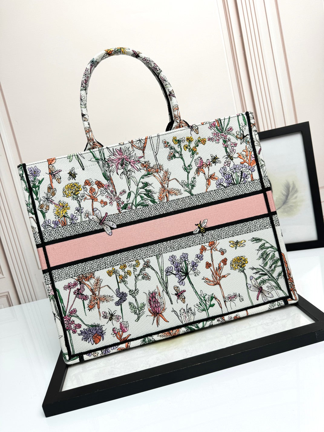 Dior Elegant Floral Print Canvas Book Tote Bag with Top Handles