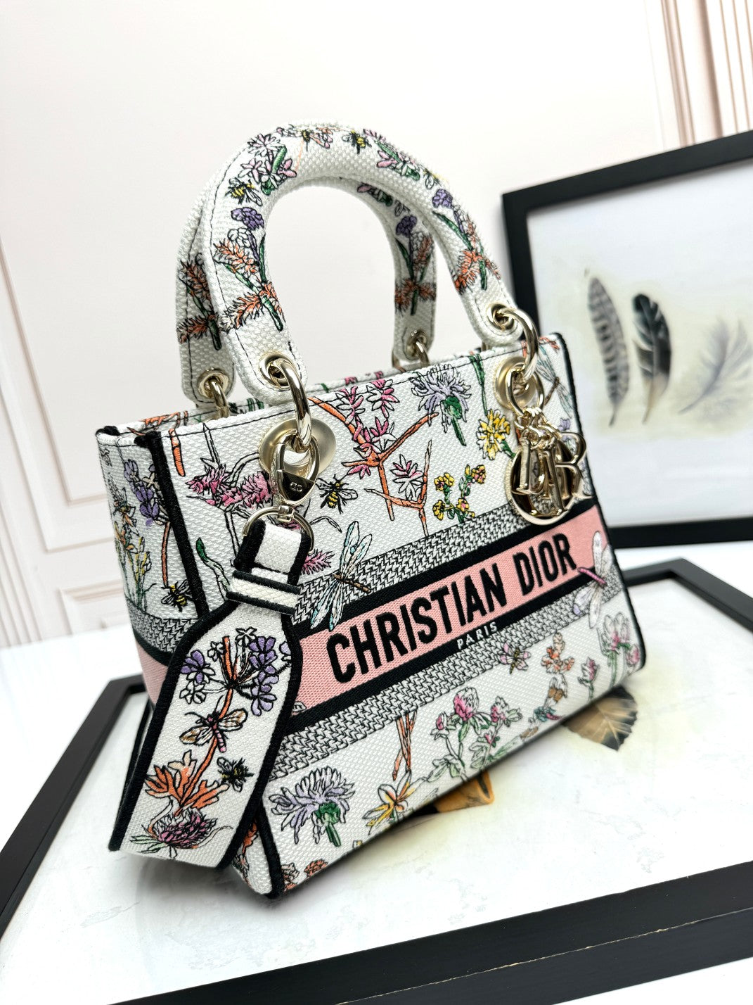 Dior Vintage Floral Embroidered Canvas Handbag with Shoulder Strap